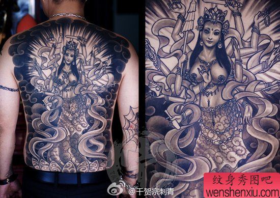 男性后背经典的满背千手观音纹身图案