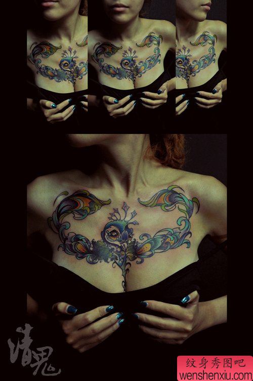 美女前胸漂亮流行的小鸟纹身图案
