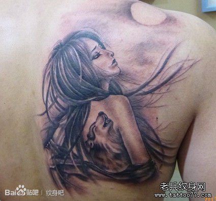 后背漂亮流行的插画美女纹身图案