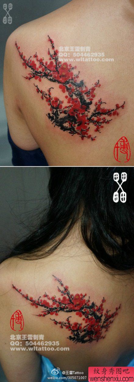 美女肩背流行唯美的梅花纹身图案