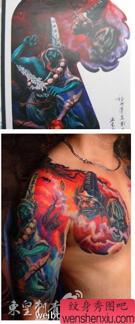 纹身作品展示：一幅流行霸气的半胛黑灰无常纹身图案