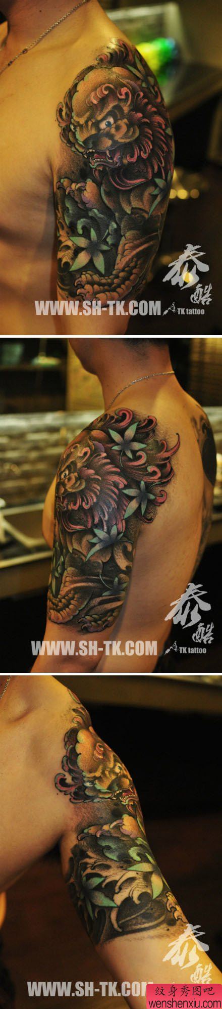 男性手臂霸气流行的唐狮子纹身图案