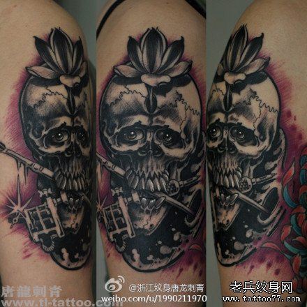 手臂超酷流行的黑灰骷髅纹身图案