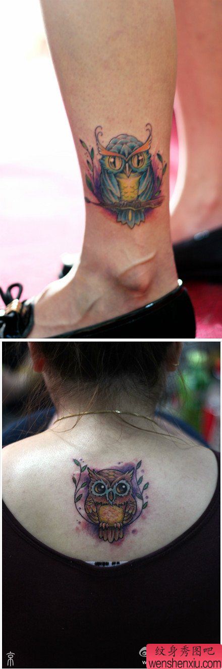 两款腿部可爱流行的猫头鹰纹身图案
