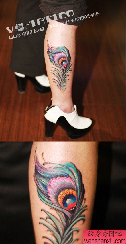 女生腿部流行漂亮的彩色羽毛纹身图案