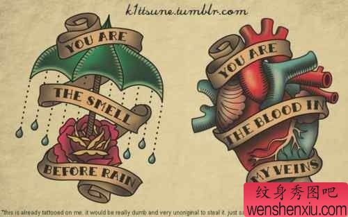 一组漂亮精美的玫瑰花与心脏纹身手稿