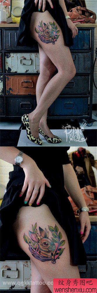 美女腿部可爱的小兔子纹身图案