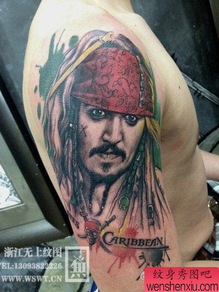 手臂经典流行的杰克船长纹身图案