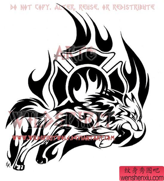 超酷的奔跑的图腾狼纹身手稿