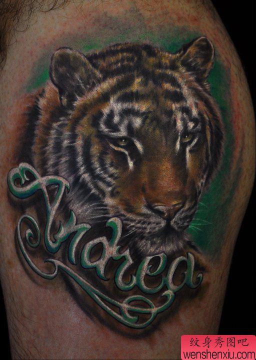 腿部超酷经典的虎头纹身图案