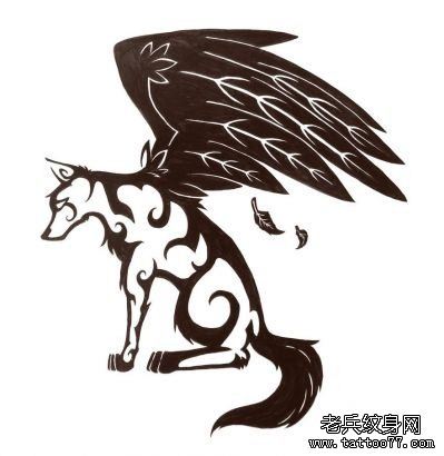 霸气超酷有翅膀的图腾狼纹身手稿