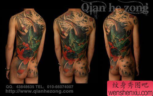 男性背部经典流行的满背般若纹身图案