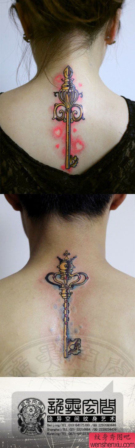 背部流行经典的情侣钥匙纹身图案