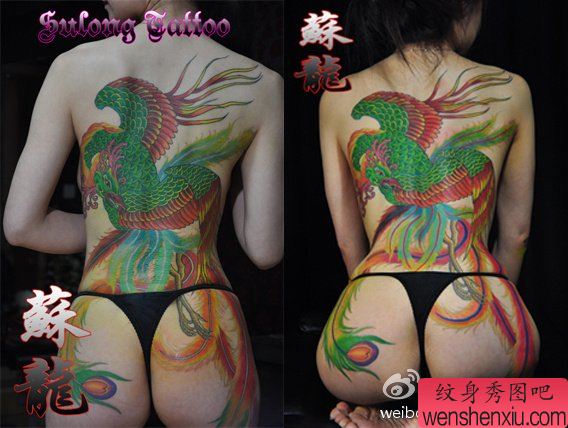 美女后背经典流行的彩色传统凤凰纹身图案