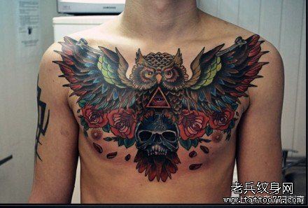 男性前胸超酷的new school猫头鹰纹身图案