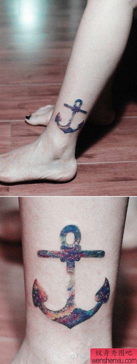 女生腿部流行流行的星空船锚纹身图案