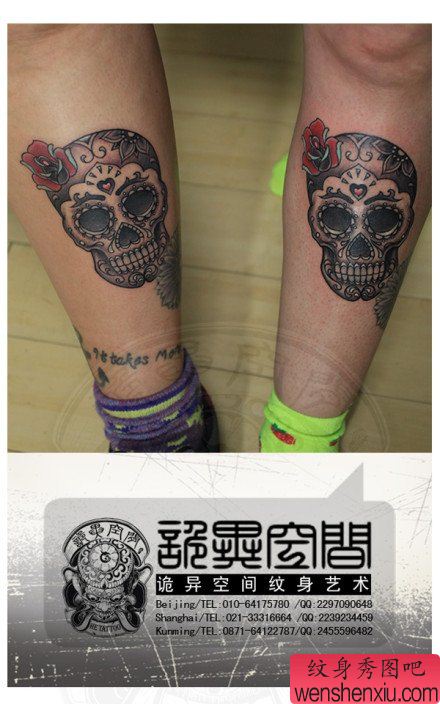 腿部流行超酷的情侣欧美花骷髅纹身图案