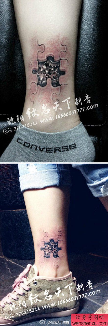 女生腿部流行帅气的拼图与机械纹身图案