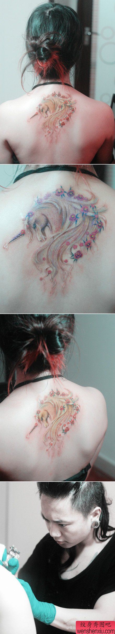 女生后背漂亮流行的独角兽纹身图案