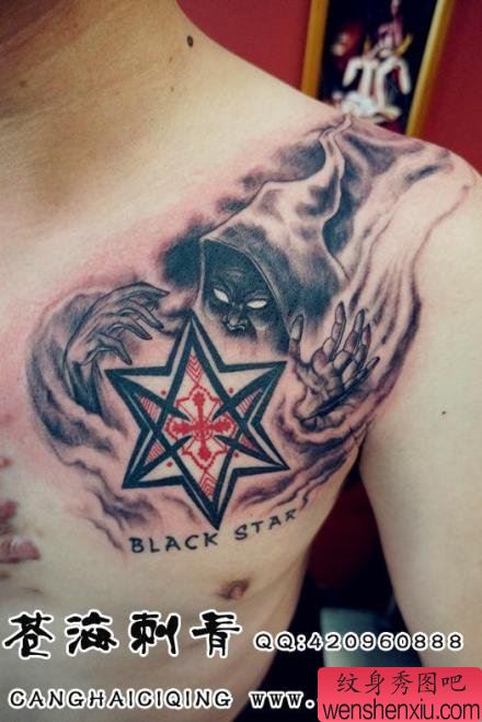 男性前胸经典帅气的巫师纹身图案