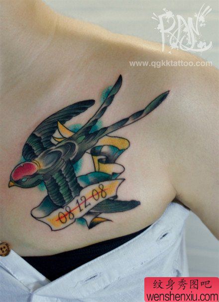 女生前胸流行唯美的燕子纹身图案