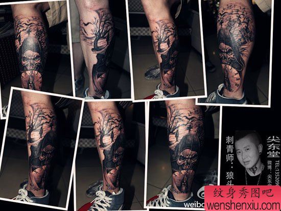腿部超酷流行的死神纹身图案