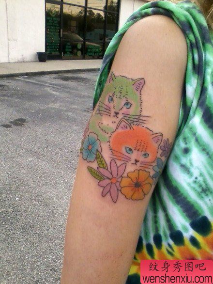 女生手臂呆呆的可爱的猫咪纹身图案