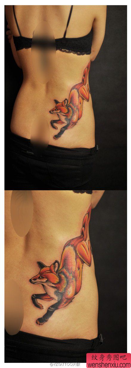 美女腰部流行流行的狐狸纹身图案