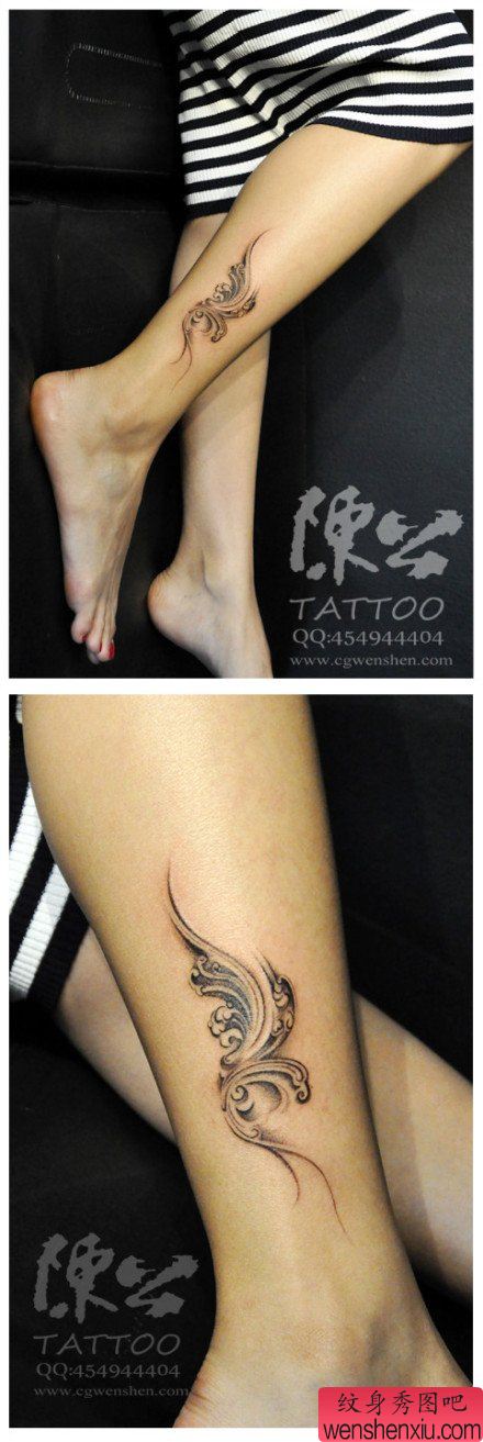 女生腿部流行漂亮的藤蔓纹身图案