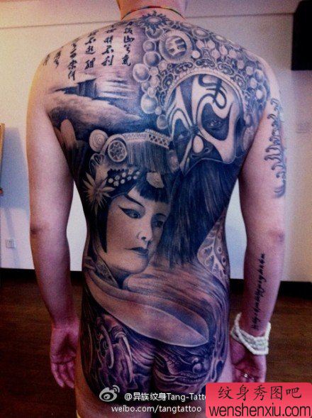 男性后背超酷满背霸王别姬纹身图案