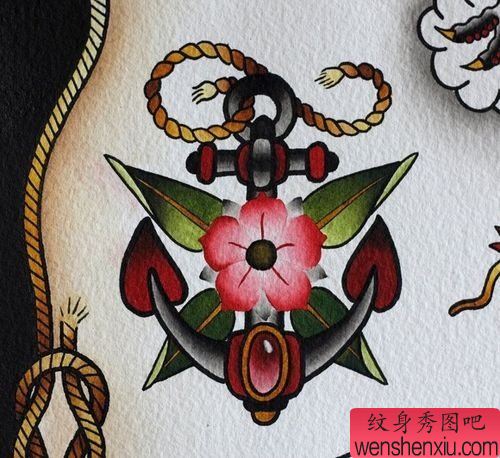 一幅流行唯美的船锚纹身手稿