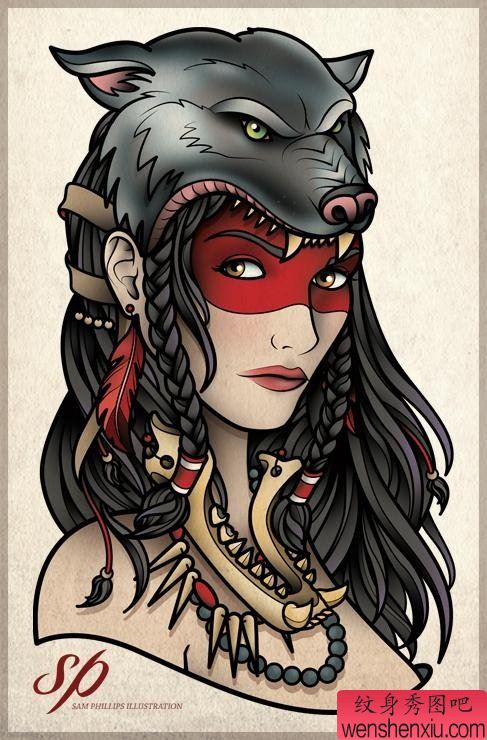 帅气流行的school风格美女纹身手稿