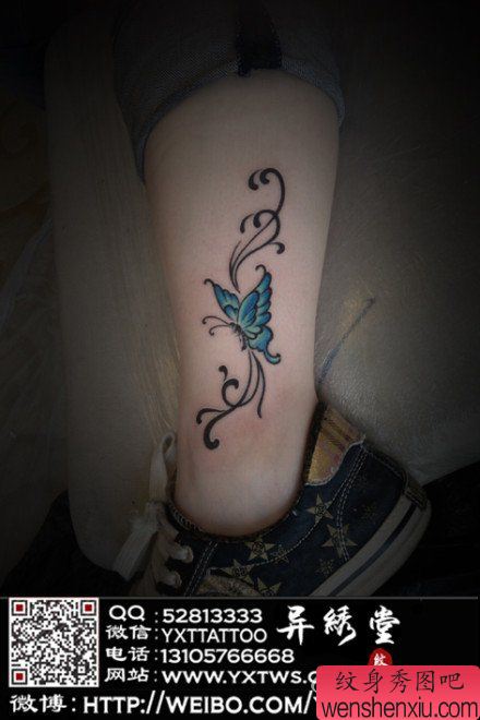 女生喜欢的腿部蝴蝶藤蔓纹身图案