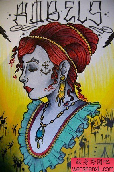 一幅流行精美的欧美美女纹身手稿