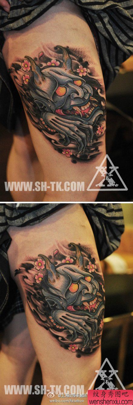 腿部很酷经典的般若纹身图案