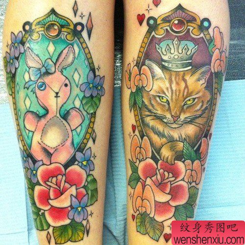 腿部流行流行的欧美猫咪纹身图案