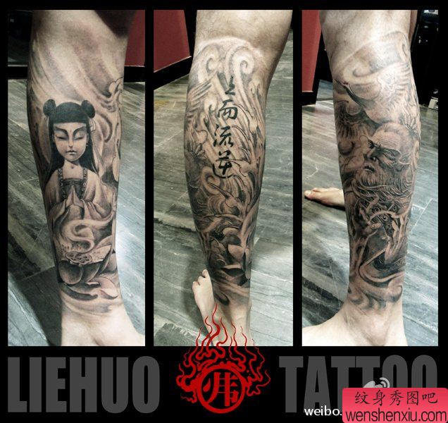 腿部经典的哪吒与太乙真人纹身图案
