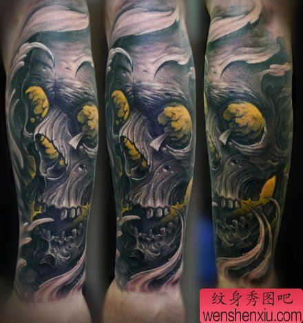 手臂流行超酷的欧美写实骷髅纹身图案