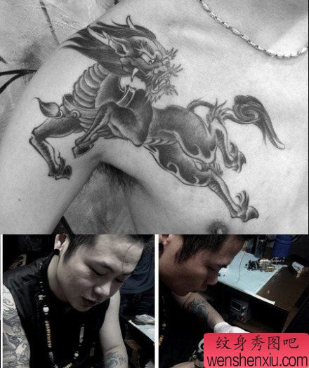 男性前胸到肩膀处超酷的麒麟纹身图案