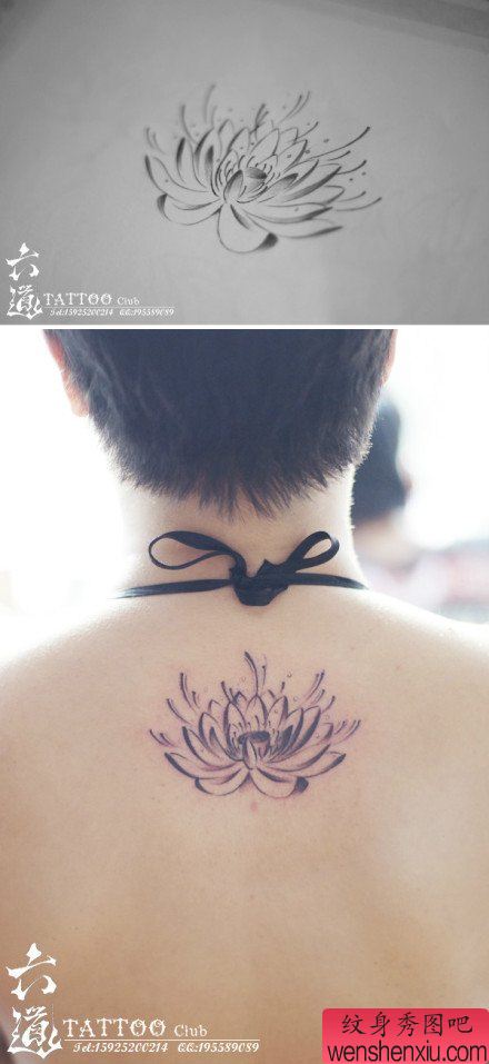 女生后背唯美的黑白莲花纹身图案