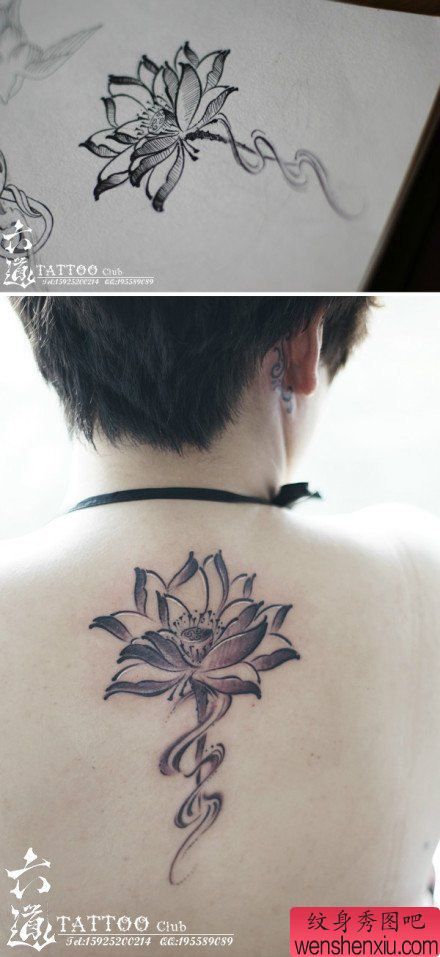 女生后背时尚唯美的黑白莲花纹身图案