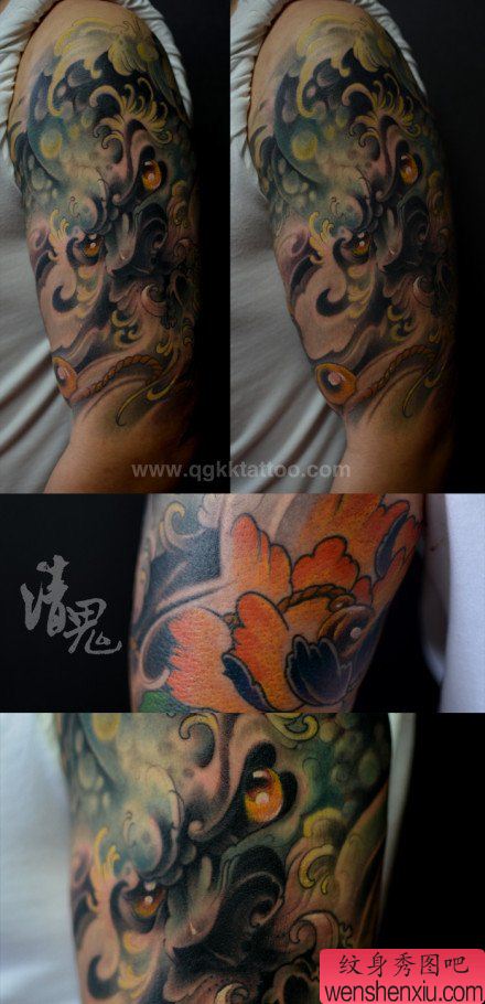 男性手臂流行超酷的唐狮子纹身图案