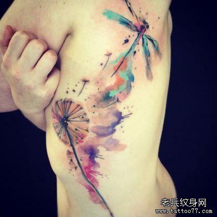 美女侧腰流行唯美的蒲公英蜻蜓纹身图案
