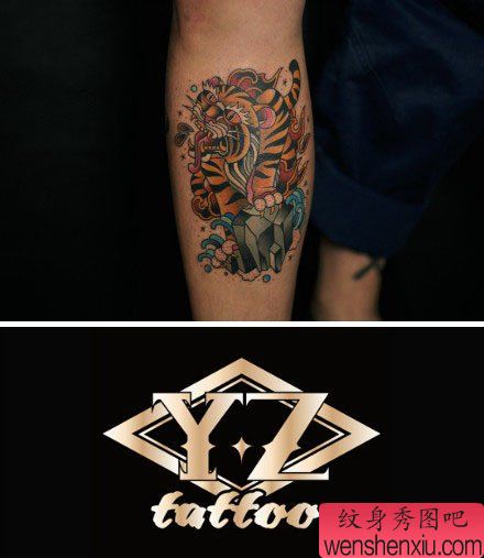 腿部流行好看的school老虎纹身图案