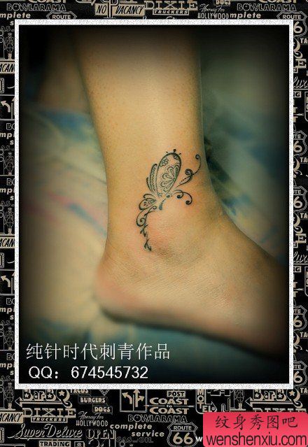 女生脚踝处精美超酷的图腾蝴蝶纹身图案