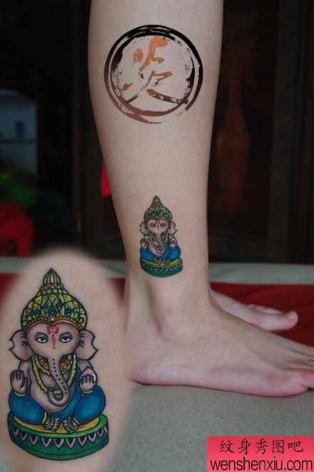 女生腿部小巧流行的象神纹身图案