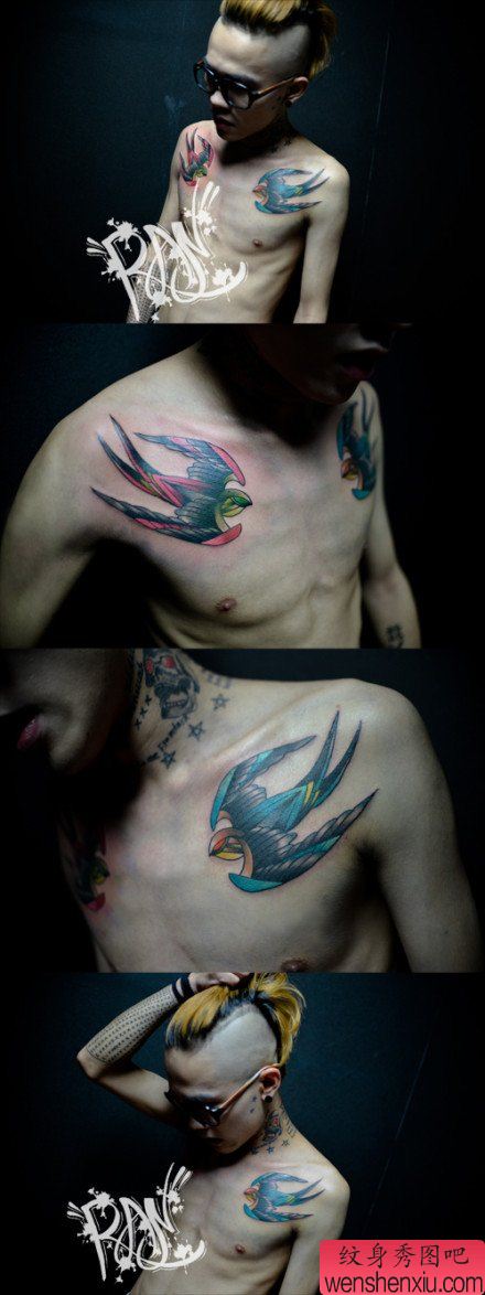 男生前胸流行经典的小燕子纹身图案