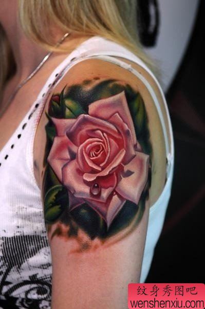美女手臂流行精美的欧美彩色玫瑰花纹身图案