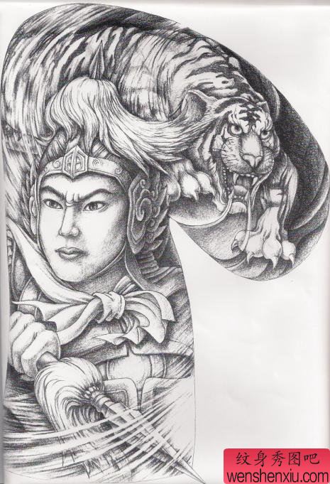 男性喜欢的一幅半胛常山赵子龙赵云老虎头纹身手稿图案图片