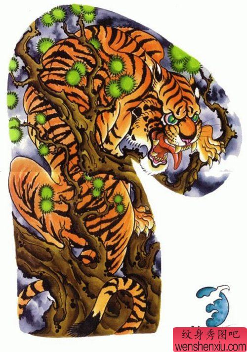 超酷经典传统半胛老虎纹身图案